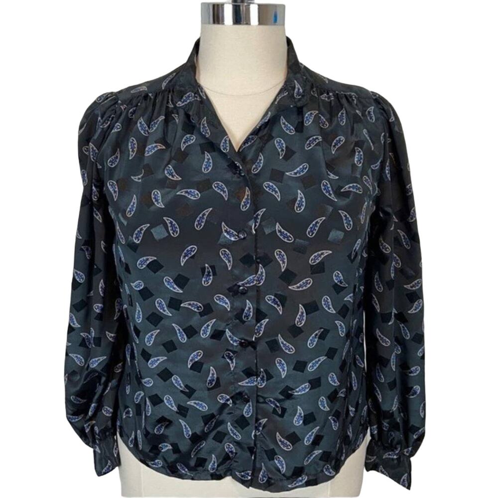 Paisley Blouse High Neck Vintage Librarian Secretary Chic Black Blue Retro 80s